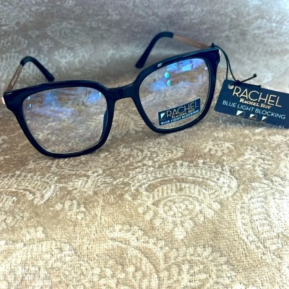 Brand New Rachel Roy Blue Light Blocking Round Glasses Black Frame Gold Tone Arm
